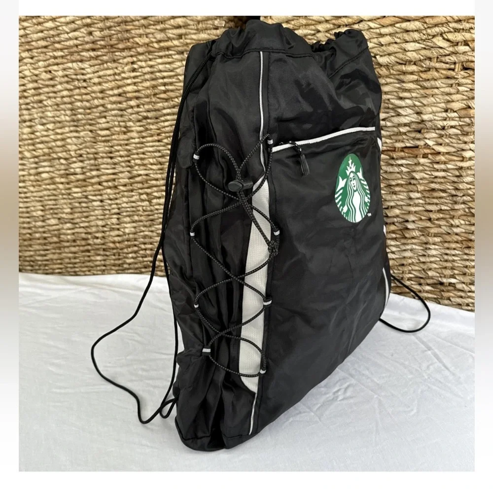 Starbucks Logo Drawstring Backpack Cinch Bag Gym Black Reflective Bungee ￼￼